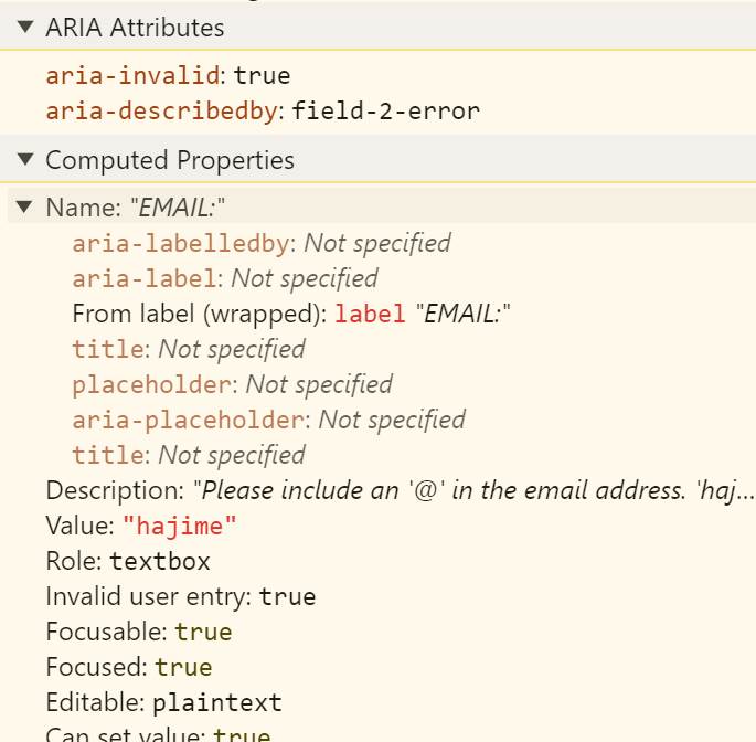 Screenshot of the accessibility pane showing the various accessibility properties