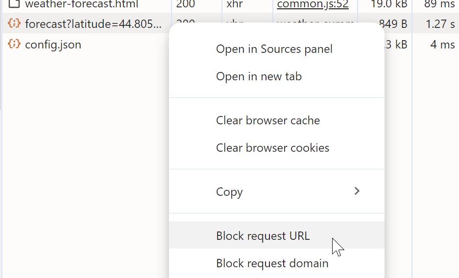 Screenshot of the Chrome dev tools and the block request URL
feature
