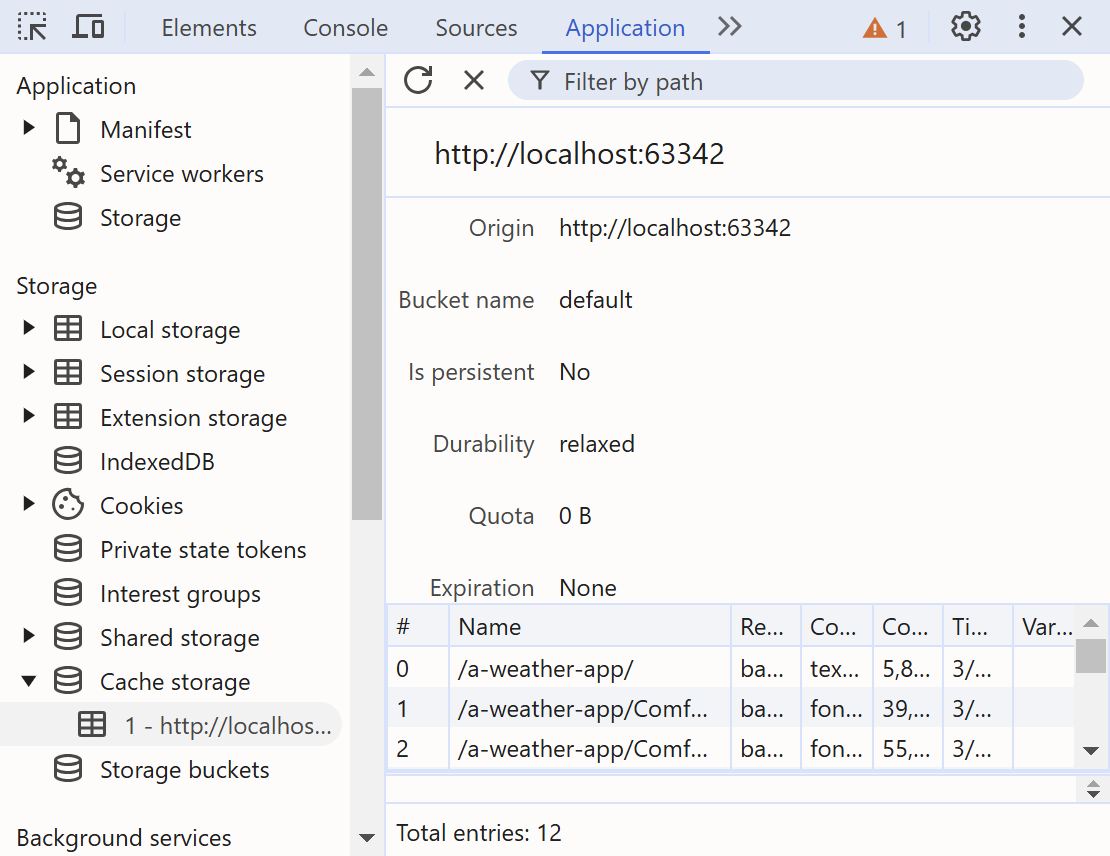 Screenshot of the cache view in the dev tools