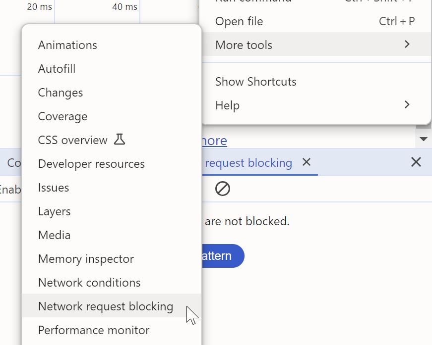 Screenshot of the More tools menu showing the Network request blocking menu
item
