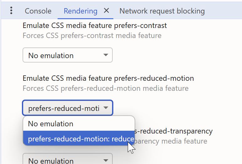 Screenshot of the prefers-reduced-motion option in the Chrome developer
tools