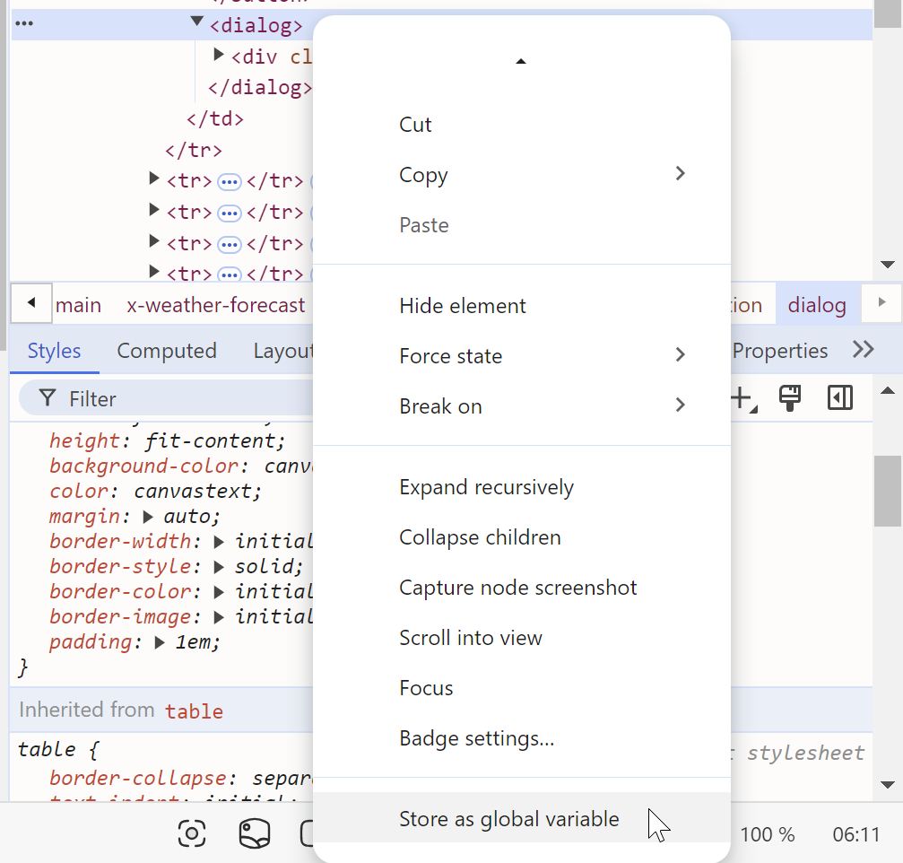 Screenshot of the dev tools with Set as global variables
option