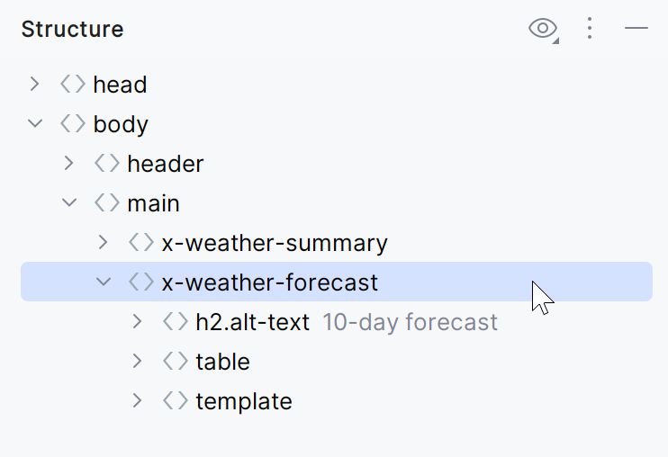 Screenshot of the structure view showing HTML structure in a JetBrains
IDE