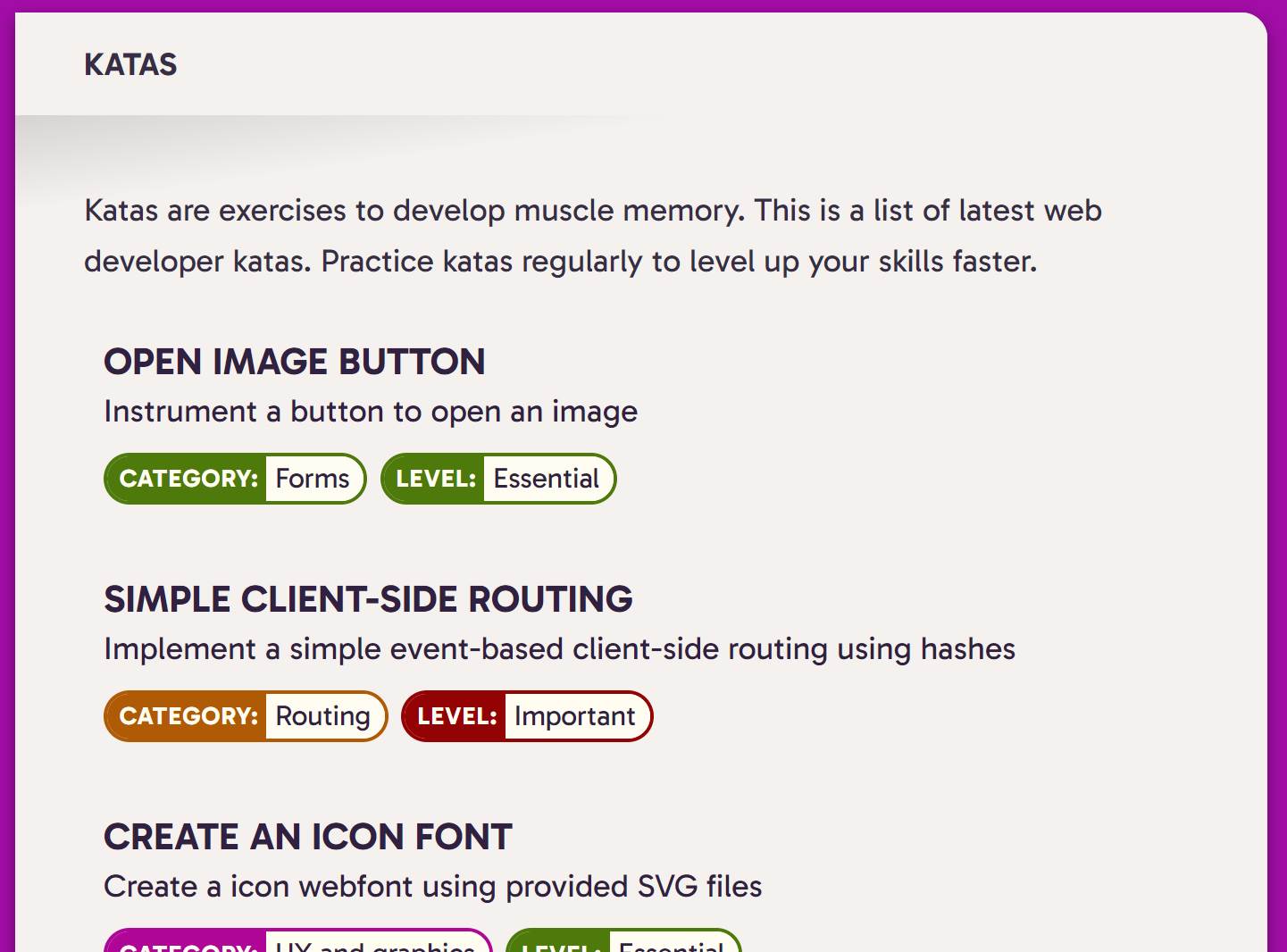 Screenshot of the kata list