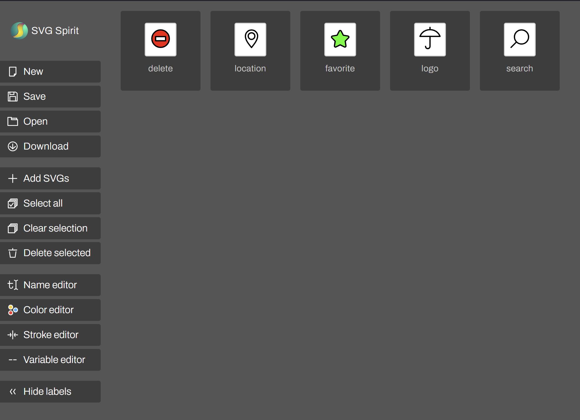 Screenshot of SVG Spirit with the icon list