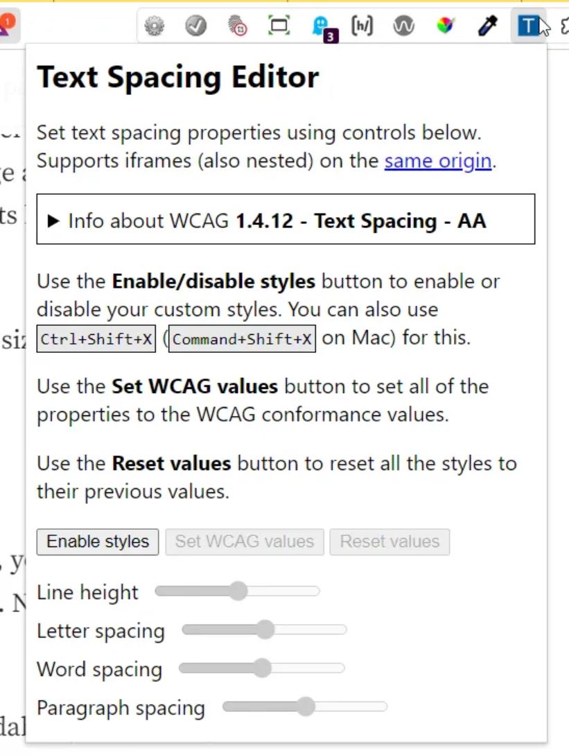Screenshot of the Text Spacing Editor Chrome extension