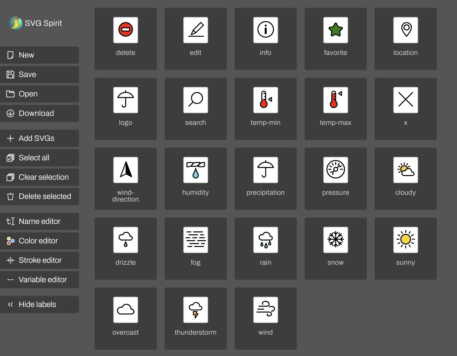 Screenshot of the updated SVG spritesheet with new icons