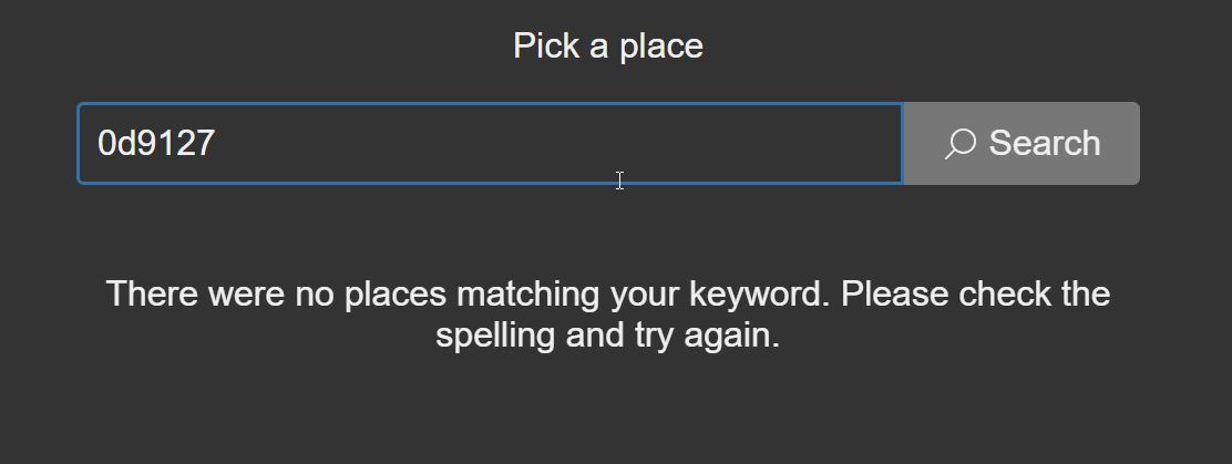 Screenshot of the search form with no results